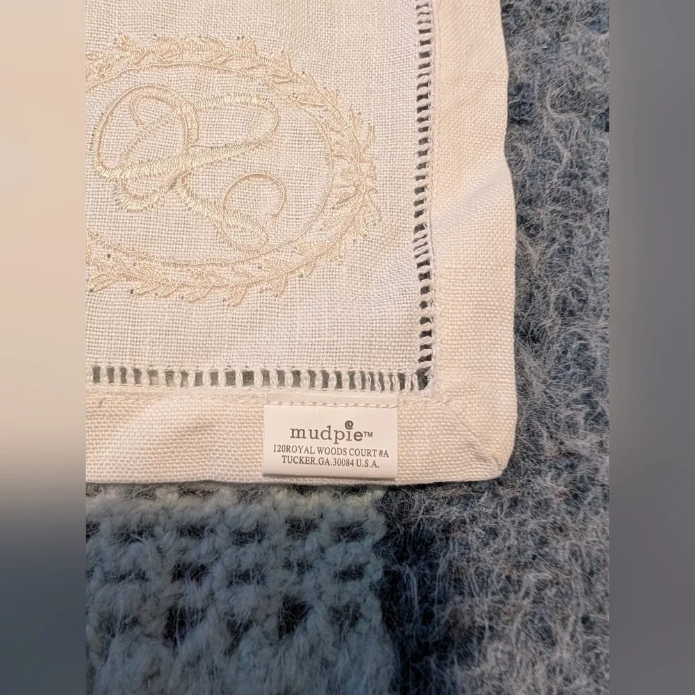 Mudpie Embroidered Linen‎ Cocktail Napkins with Letter R Monogram- Set Of 3